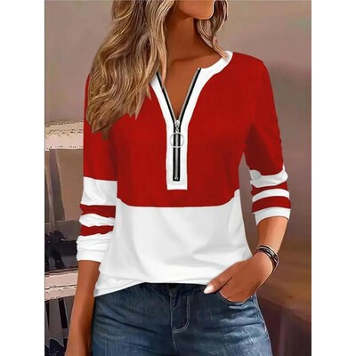 Elegant Striped Colorblock Print Round Neck Zipper Plus