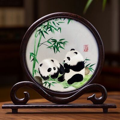 高档蜀绣熊猫刺绣摆件手工双面绣中国风礼物送外国友人礼品送老师
