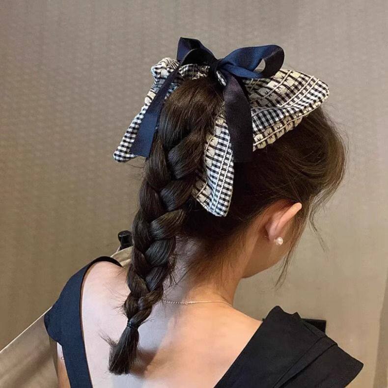 高级感格纹方巾蝴蝶结发圈女用气质大号马尾头绳