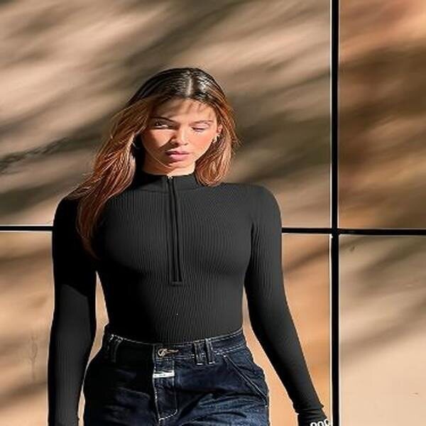 A 48328 Long Sleeve Ribbed Front Zipper Jumpsuit 长袖罗纹连