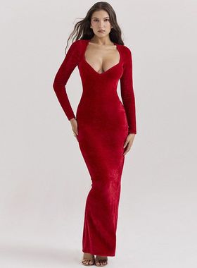 elsa欧美2024秋季新款绒面长袖修身性感深V晚礼服红色长款连衣裙