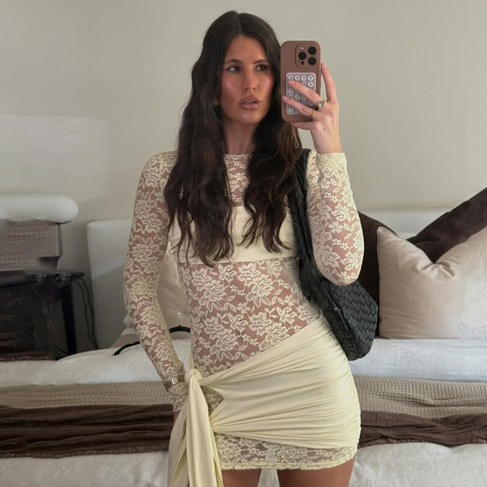 elsa欧美春夏季新款蕾丝透视包臀裙性感圆领长袖飘带修身连衣裙女