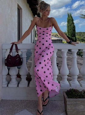 Elsa欧美女装时尚新款性感辣妹露背荡领修身绑带吊带波点连衣裙女