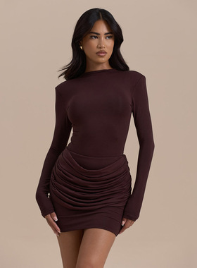 elsa欧美女装ins秋季新款包臀裙纯色性感圆领修身压褶辣妹连衣裙