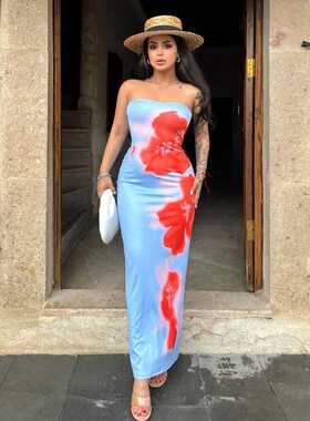 elsa欧美夏季新款抹胸花朵复古印花修身高腰开叉长款抹胸裙连衣裙