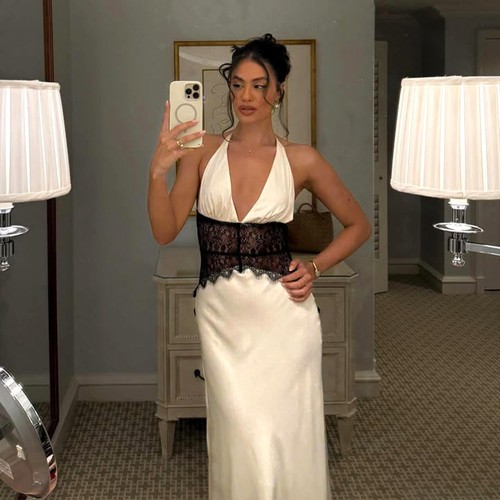 elsa欧美春夏新品优雅深V缎面长裙拼接挂脖收腰性感连衣裙晚礼服