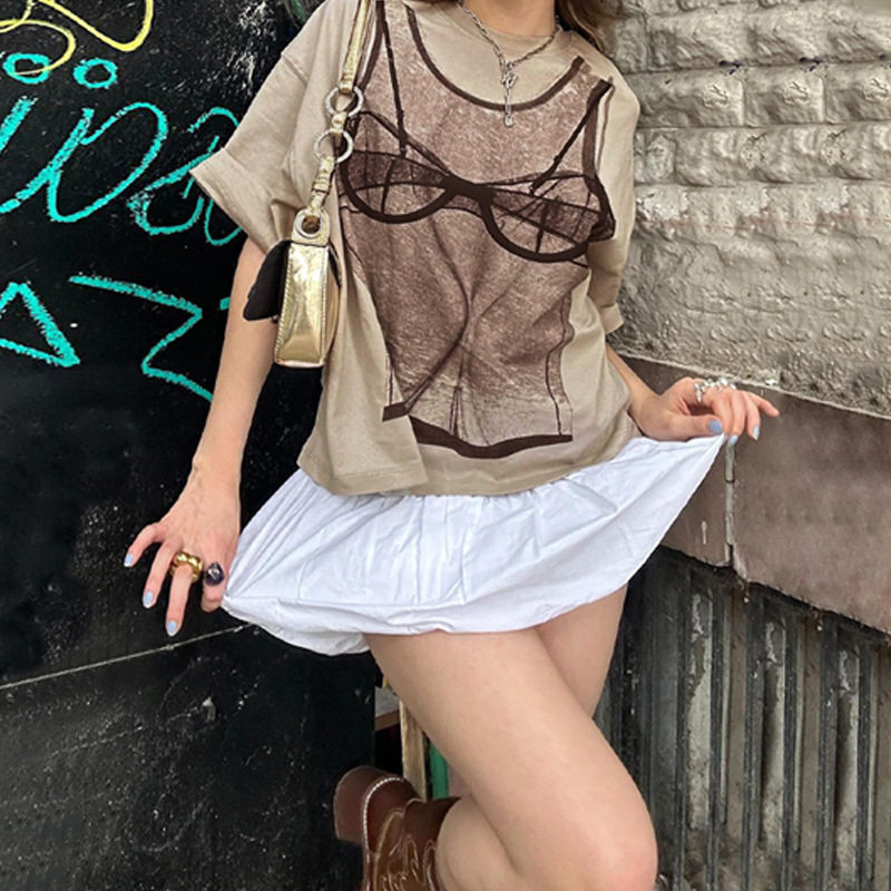 elsa欧美女装新款ins街头风辣妹上衣时尚印花宽松百搭长款t恤女