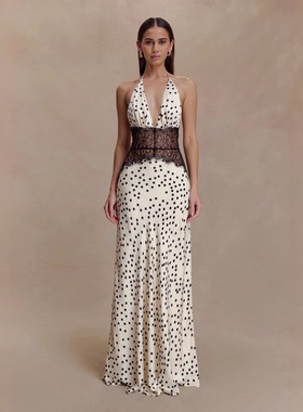 Elsa欧美新款时尚性感辣妹蕾丝拼接波点挂脖露背连衣裙气质礼服女