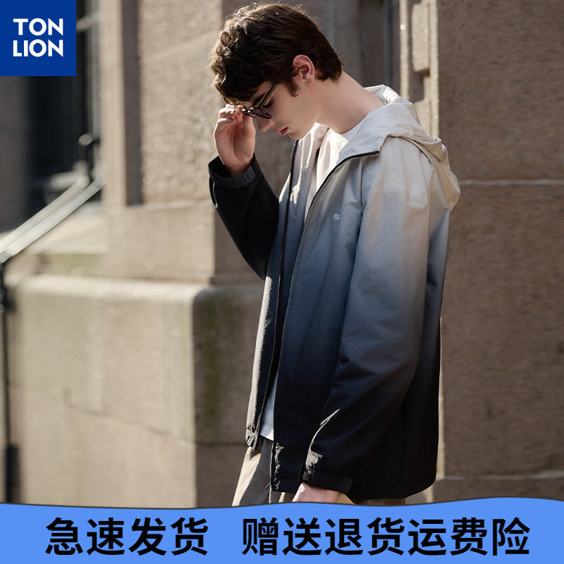 唐狮2025秋季新款男连帽渐变拼色休闲宽松夹克衫韩版运动风外套潮