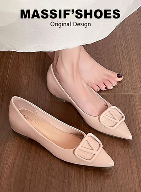 裸色尖头单鞋女2026夏V扣内增高通勤鞋浅口平底瓢鞋大码鞋41到43