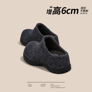 厚底毛呢勃肯鞋女外穿2026秋冬新款一脚蹬懒人灰色增高包头半拖鞋