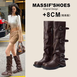 内增高长筒靴子女超火真皮美拉德褶皱裤管靴加绒棕色皮带扣骑士靴