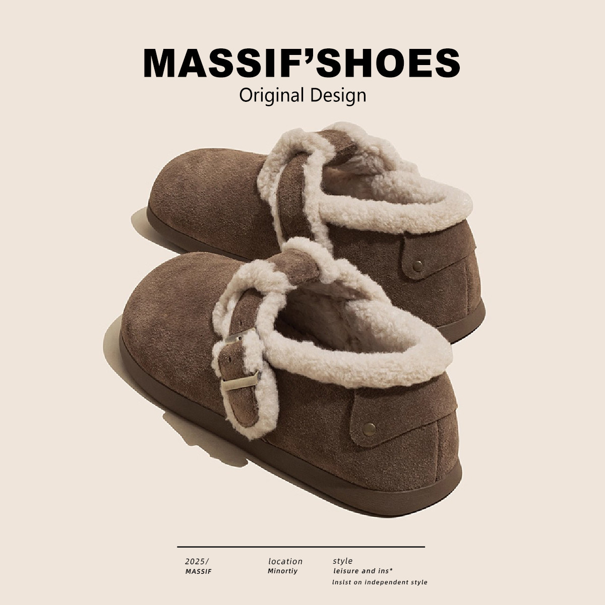 真皮加绒勃肯鞋女2026冬季新款复古平底毛毛鞋休闲羊羔毛保暖棉鞋