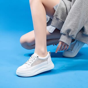 真皮网面小白鞋女2026新款夏季透气薄款单鞋休闲轻便厚底增高板鞋