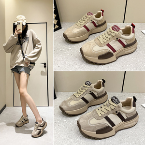真皮德训鞋女2026新款春季轻便显脚小厚底增高老爹鞋休闲运动鞋