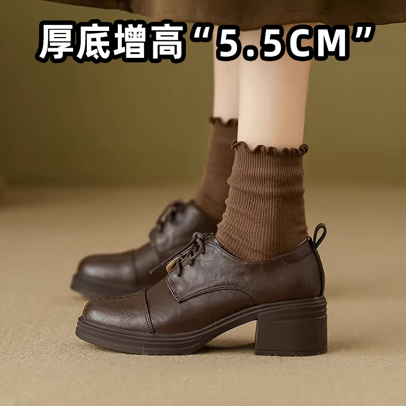 复古高跟小皮鞋女2026春季新款夏季棕色乐福鞋小个子增高粗跟单鞋