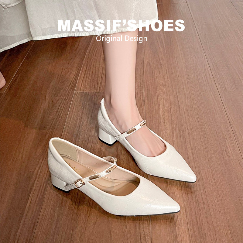 粗跟白色玛丽珍鞋女气质软底高跟鞋小个子复古绝美法式尖头单鞋女