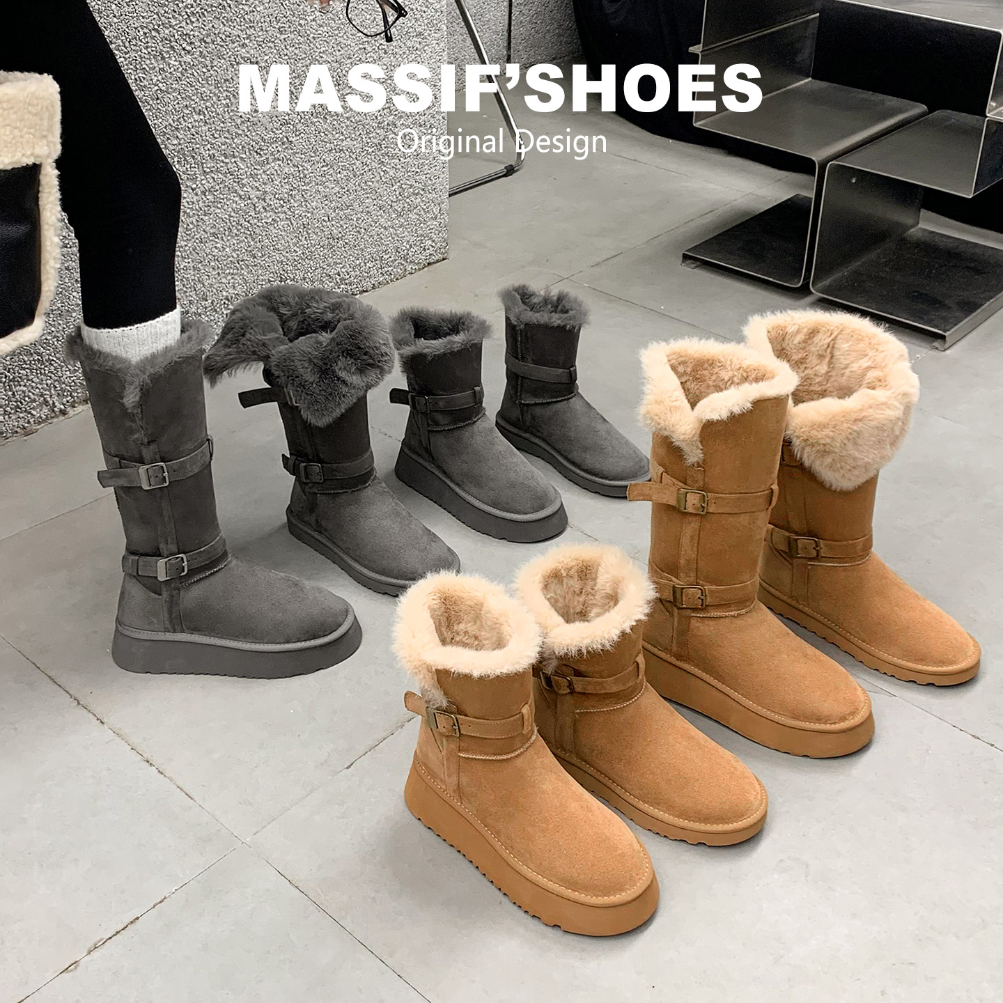 中长筒雪地靴女超火厚底毛毛鞋