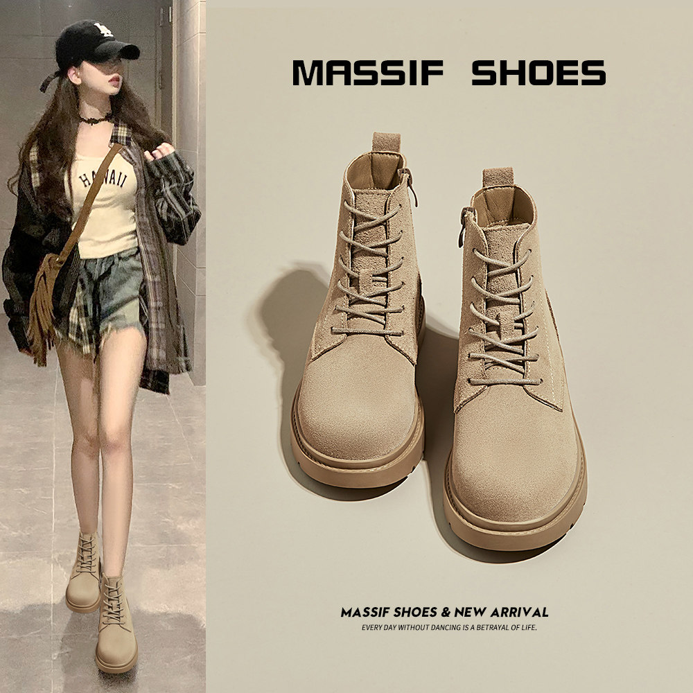 真皮靴子秋冬2025新款马丁靴女英伦风磨砂百搭女靴中跟平底短靴女