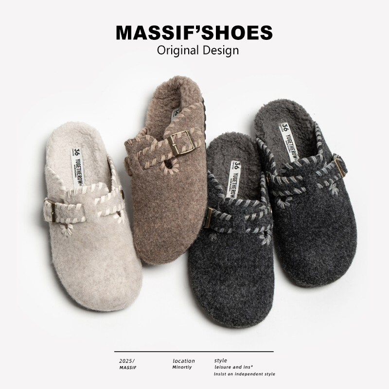 灰色勃肯鞋外穿半拖毛毛鞋包头拖