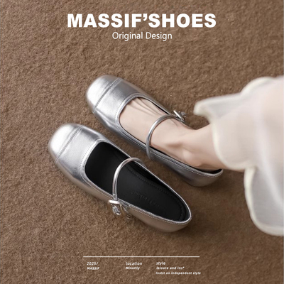 羊皮银色单鞋女2025夏新款配裙子清冷百搭芭蕾浅口平底玛丽珍鞋女