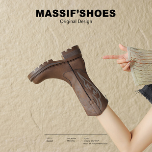 厚底西部牛仔靴女2025秋季 刺绣旅游穿搭中筒靴户外沙漠短靴子 新款