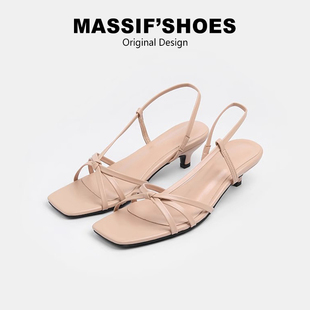 一字带凉鞋女夏2025新款法式绝美凉鞋方头细带中跟凉鞋小猫跟凉鞋