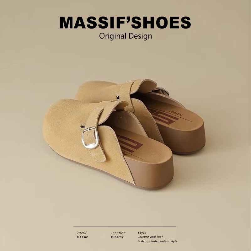 厚底勃肯鞋女外穿真皮防水软底单鞋一脚蹬增高超火包头半拖鞋爆款