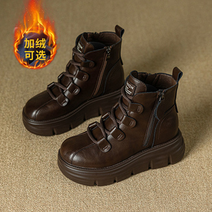 真皮复古马丁靴女款2026新款百搭小个子加绒厚底百搭复古高帮短靴