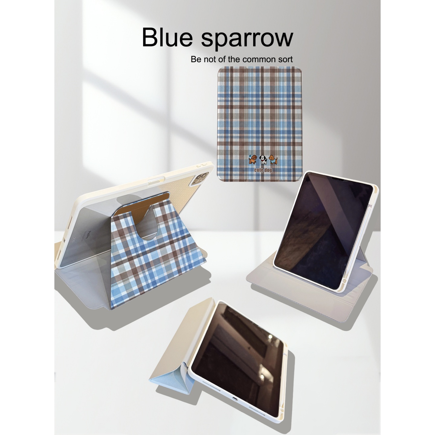 蓝棕格纹小狗苹果平板保护套适用iPadAir7新款360°旋转三折ipad11带笔槽13寸air6/5女11寸mini6保护壳pro潮