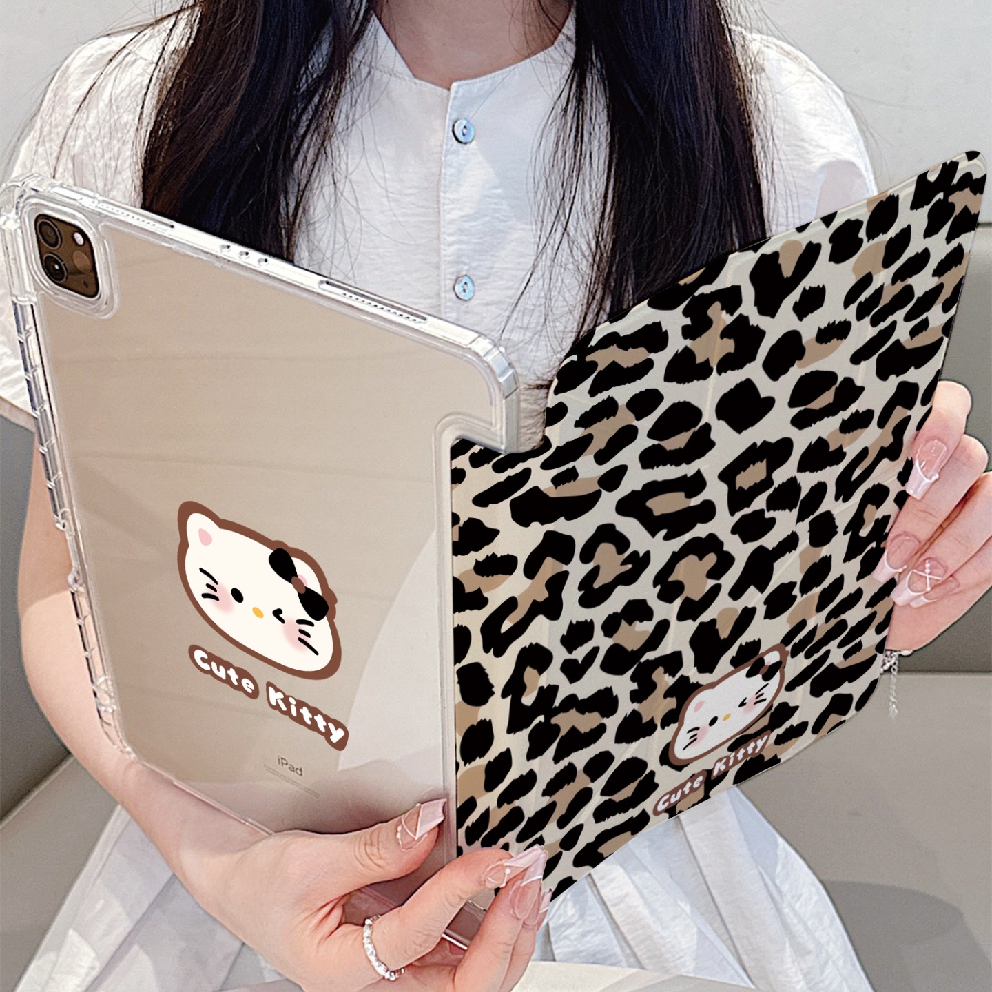 棕色豹纹KT猫头苹果平板保护套适用iPadAir7新款Y形折叠ipad11带笔槽13寸air6女11寸mini6保护壳iPad10防摔潮