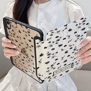复古黑色碎花适用iPadPro2024苹果平板保护套iPad10三段折叠air6带笔槽10.9/11寸新款mini6/5女12.9寸保护壳