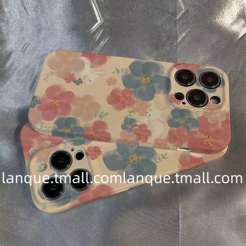 ins油画粉蓝花兔子手机壳