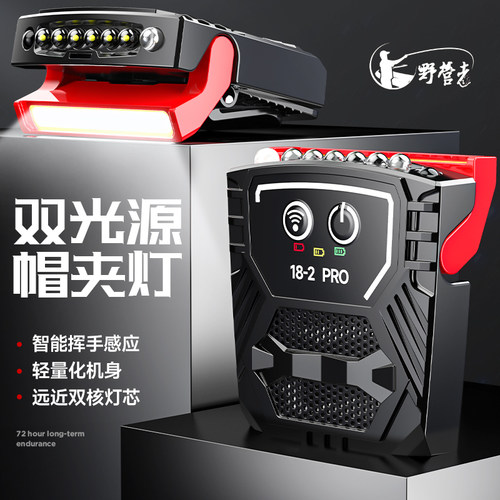 野营者双光源长续航感应帽夹灯