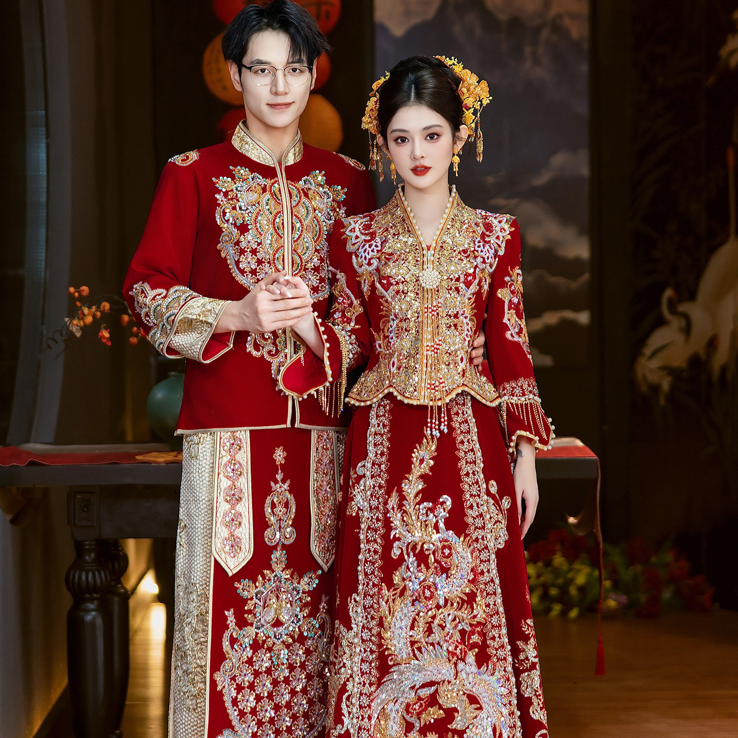 丝绒秀禾服春夏2026新款高端中式嫁衣孕妇大码结婚服V低领新娘服