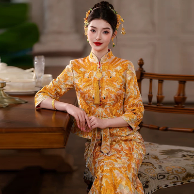 金色褂皇2026新款中式结婚嫁衣高端新娘婚服显瘦直筒小个子龙凤褂