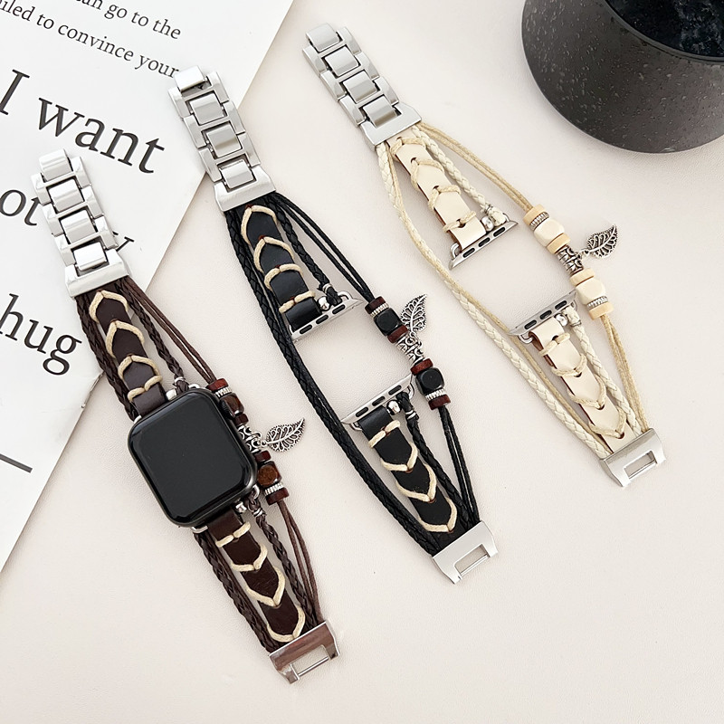 适用苹果watchS10 89智能手表SE/Ultra2/S11手镯吊饰树叶复古表带