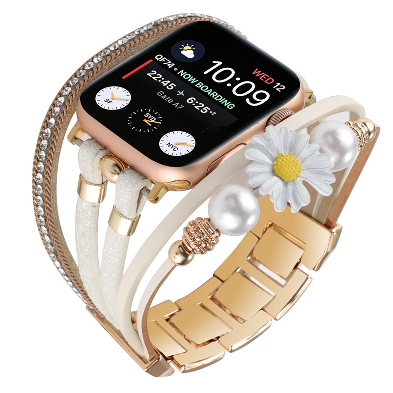 SUITABLE FOR IWATCH345678SE9 10 SMART WATCH BRACELET DAISY METAL LEATHER STRAP