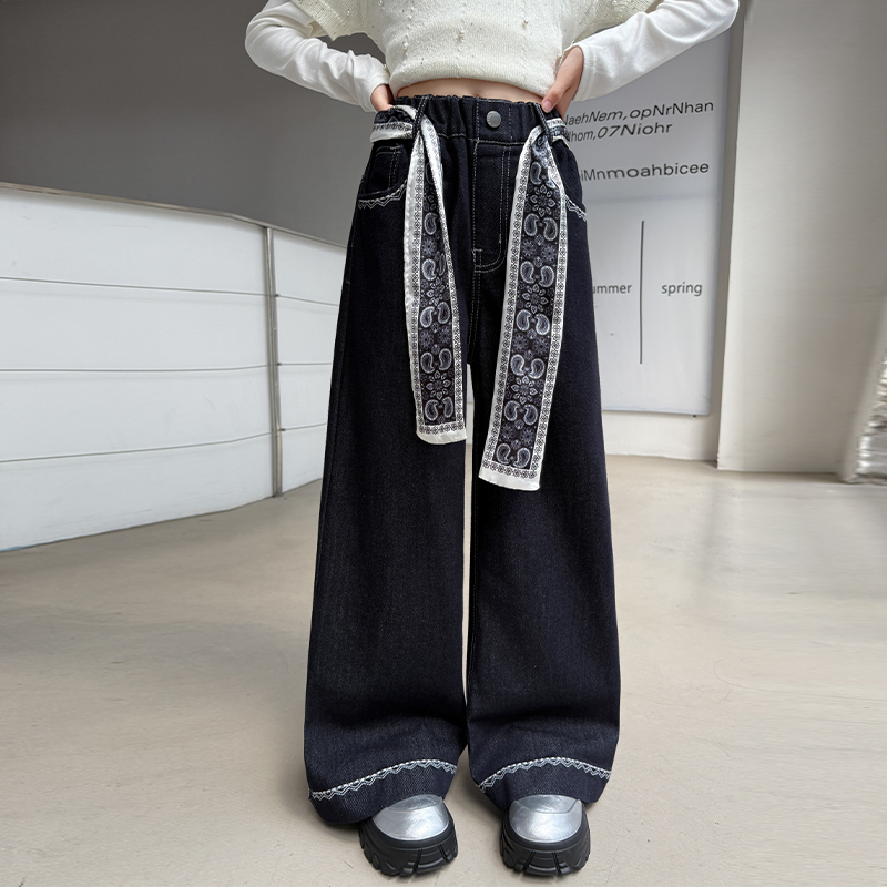 女童加绒牛仔裤冬季加厚阔腿裤