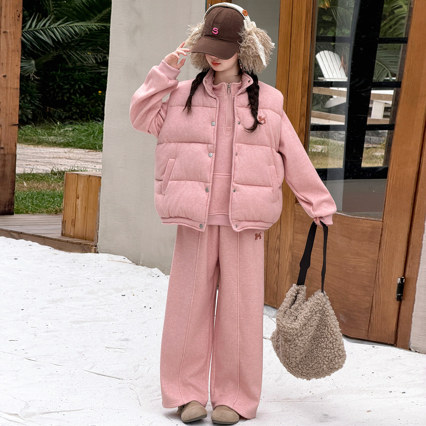 女童马甲三件套冬季儿童加绒套装女大童加厚保暖运动衣服女孩冬装