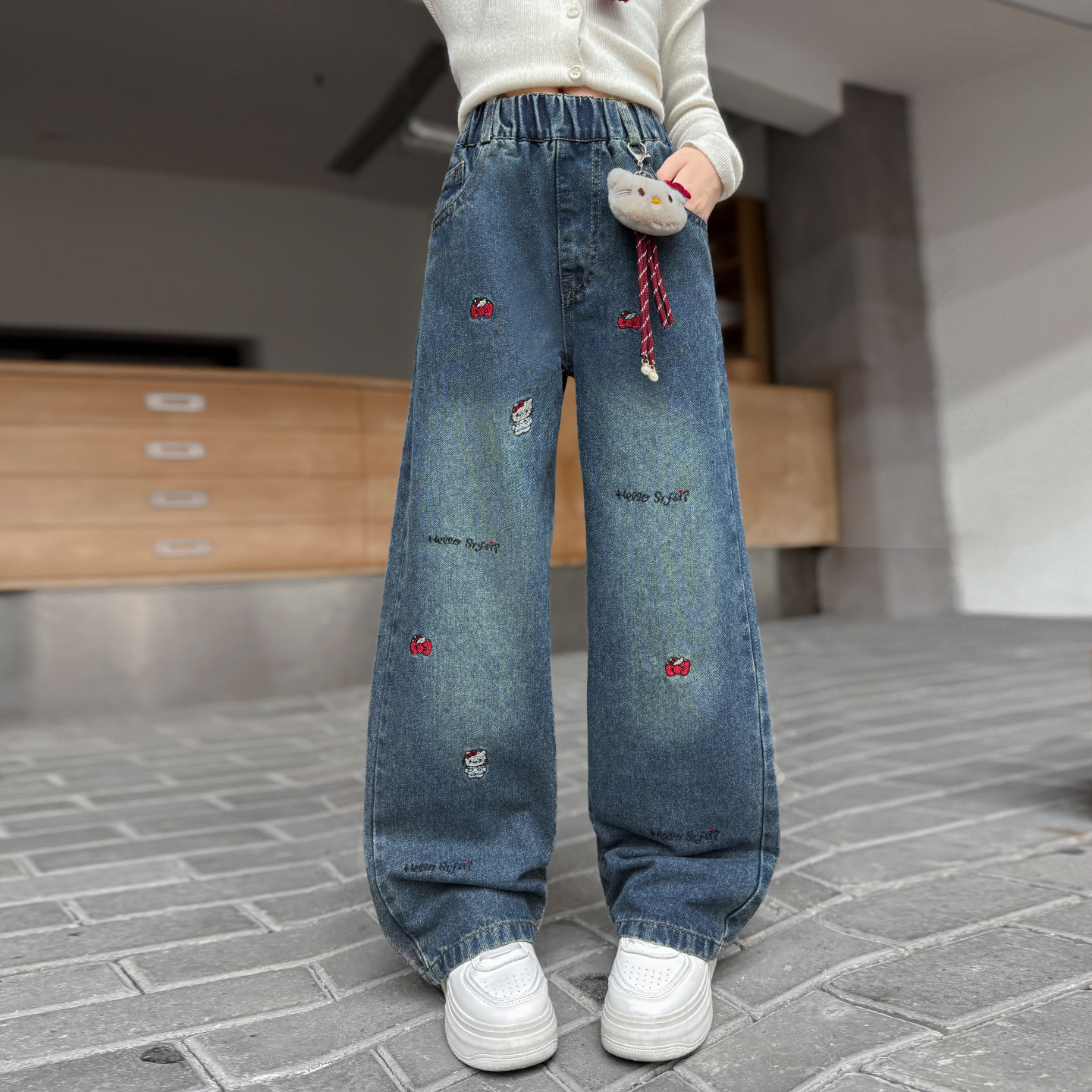 女童一体绒裤子冬季加厚牛仔裤