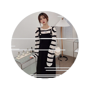 2026年条纹卫衣女宽松薄外套+灯芯绒背带裙学生连衣裙子套装春秋