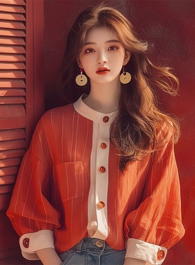 2025春秋新款上衣设计感时尚洋气时髦韩系减龄橙色条纹长袖衬衫女