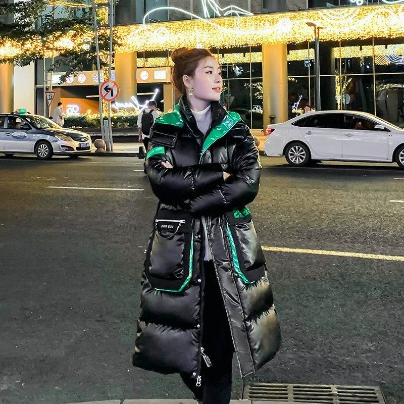 亮面免洗长款冬装新款韩版过膝羽绒棉服女加厚保暖面包服棉衣外套