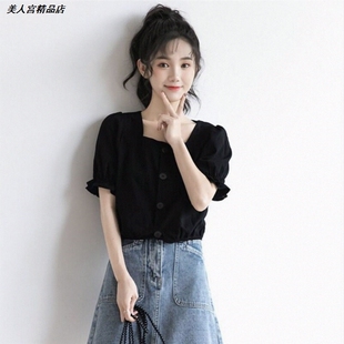 新款衬衣短袖方领显瘦2026泡泡袖宽松百搭衬衫女学生上衣短款法式