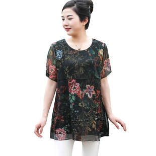 母亲节夏装气质妈妈微胖女雪纺衫女2024欧洲站适合胖女人穿的短袖