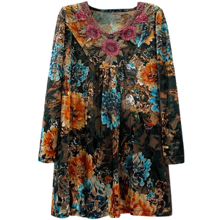 2024年胖妈大码胖mm春秋新矮个子阔太太金丝绒长袖加肥200斤上衣