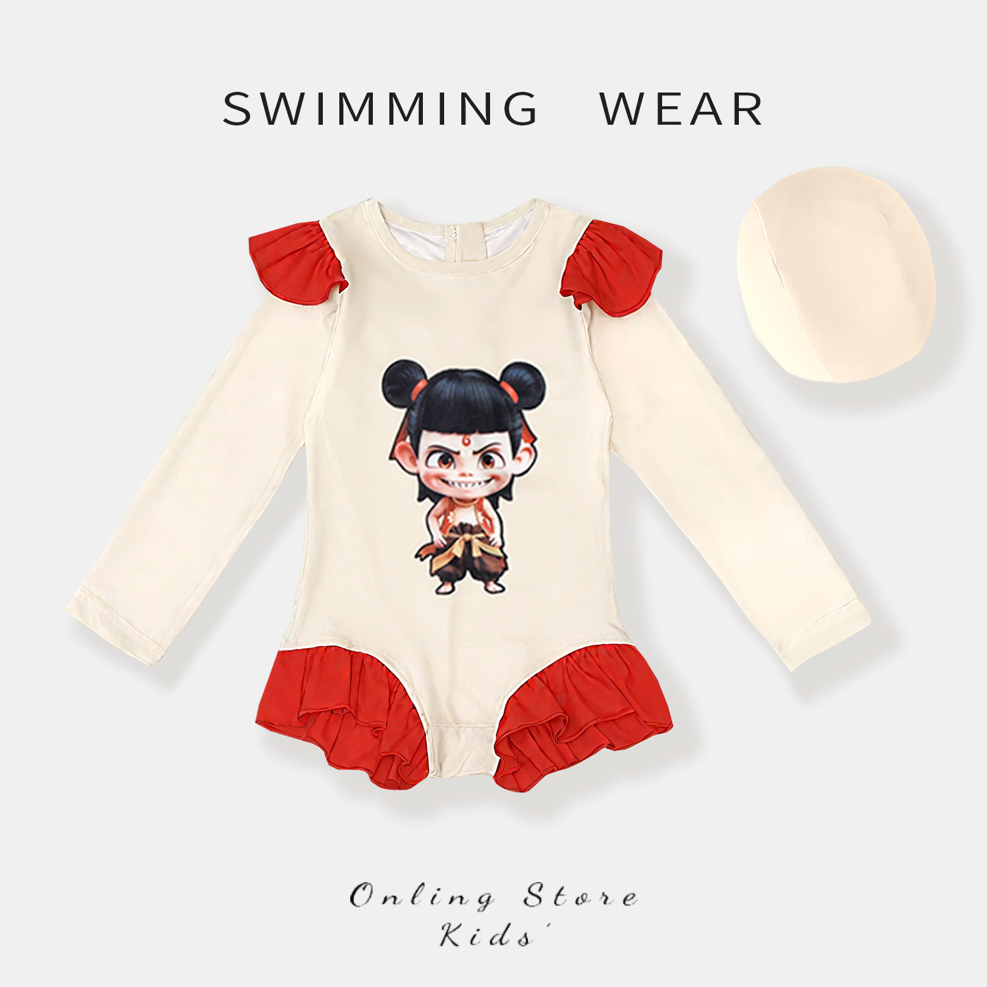 女童泳衣2025新款女孩长袖连体游泳衣女宝宝防晒沙滩卡通哪吒泳装