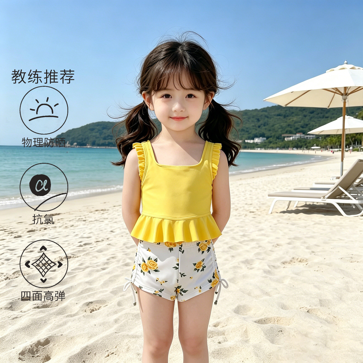 儿童泳衣2026夏季女童荷叶边印花吊带分体泳衣套装高弹舒适时尚风