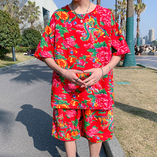 T恤短裤 短袖 两件套加大码 中国风宽松圆领套装 潮 夏季 情侣服装 男式